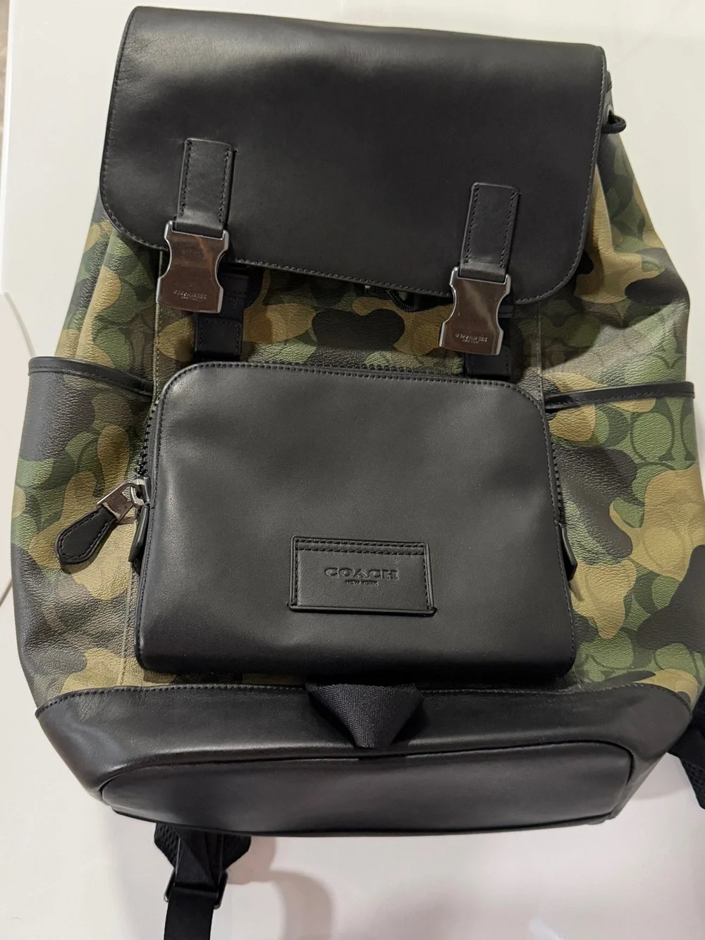 Coach Camouflage Canvas Backpack with Black Leather Trim